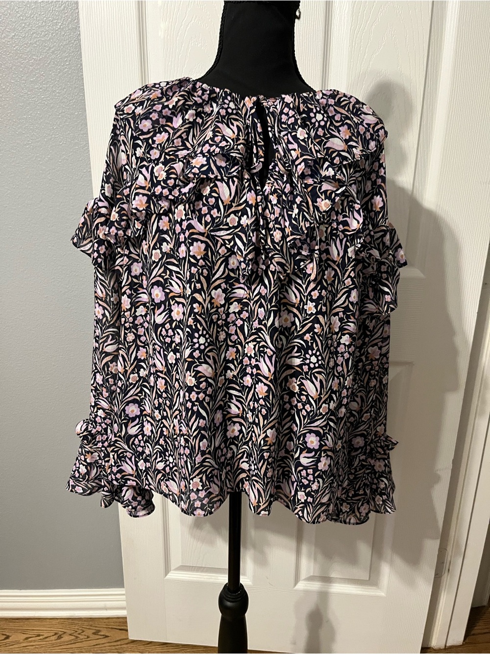 J. Crew Navy Blouse with Lilac Floral Print